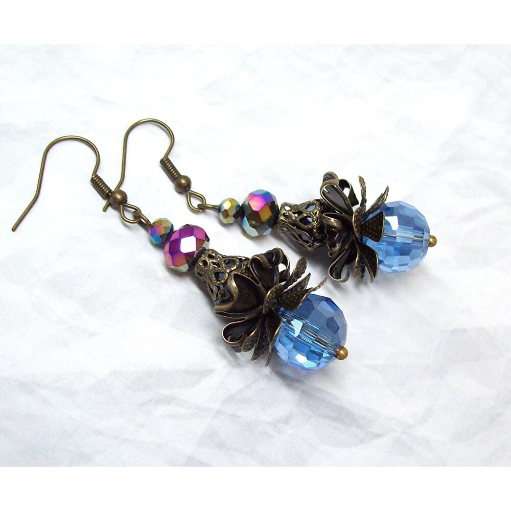 Blue Crystal Dangle Earrings, Vintage Style, Antique Bronze, Artisan Crafted Uni